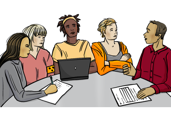 Gezeichnete Personen im Gespräch