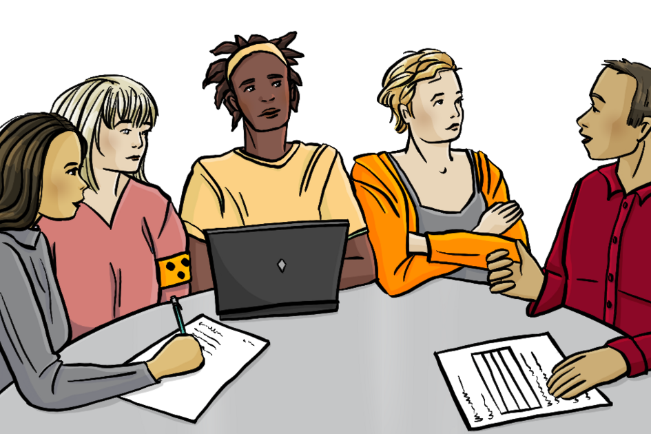 Gezeichnete Personen im Gespräch