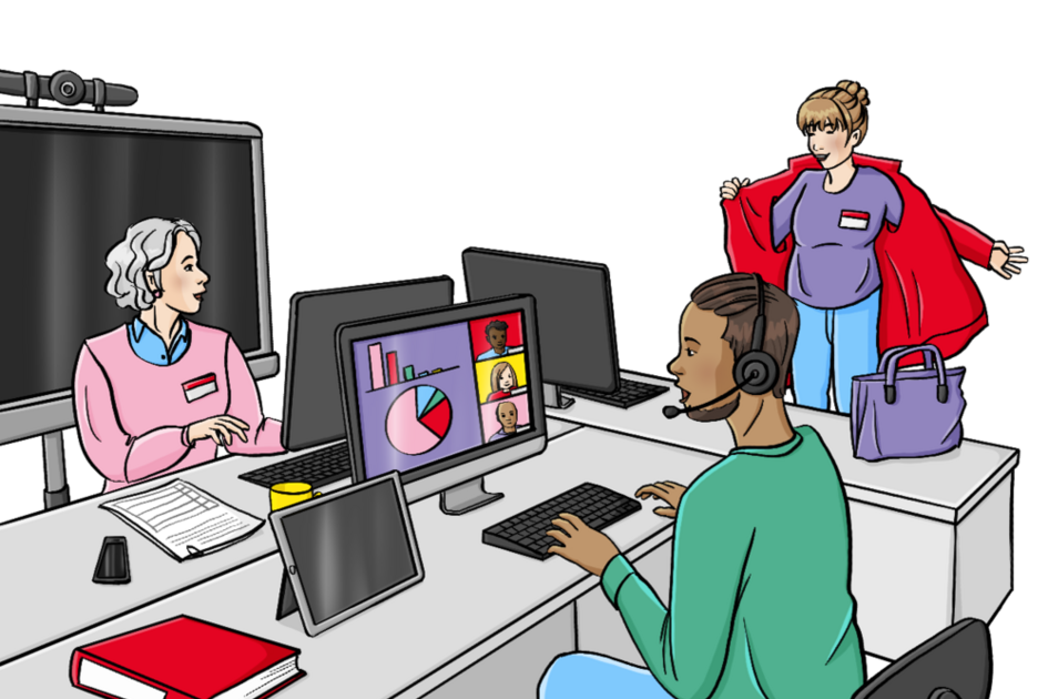 Gezeichnet: Meschen in einemmoidernen Büro samt PCs.