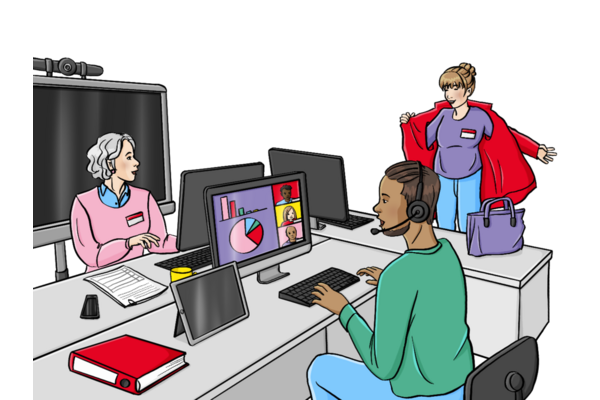 Gezeichnet: Meschen in einemmoidernen Büro samt PCs.