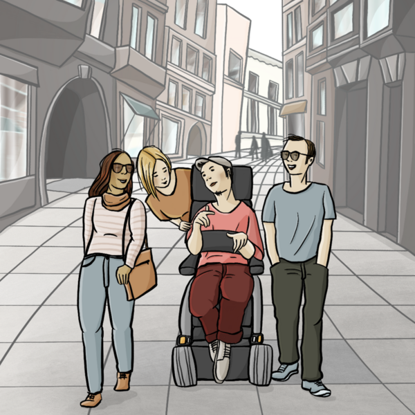Gezeichnet: Menschen in der City, zwei Frauen, ein Mann und eine Person im Rollstuhl