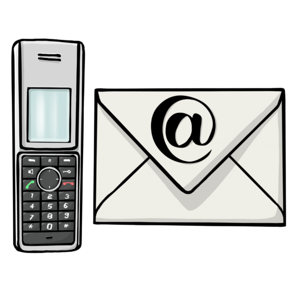 Gemaltes Telefon und Umschlag mit @-Zeichen.