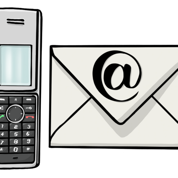 Gemaltes Telefon und Umschlag mit @-Zeichen.