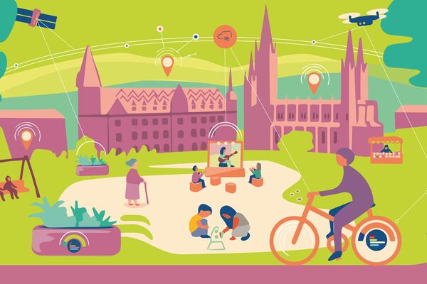 Illustration von Wiesbaden als Smart City mit Marktkirche, Rathaus und Menschen, sowie verschiedenen Icons, die Datensammlung symbolisieren.