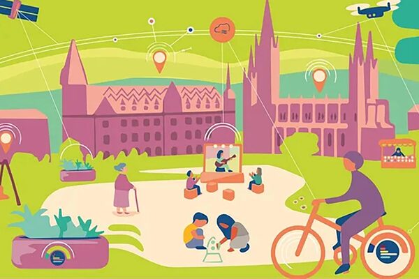 Illustration von Wiesbaden als Smart City mit Marktkirche, Rathaus und Menschen, sowie verschiedenen Icons, die Datensammlung symbolisieren.