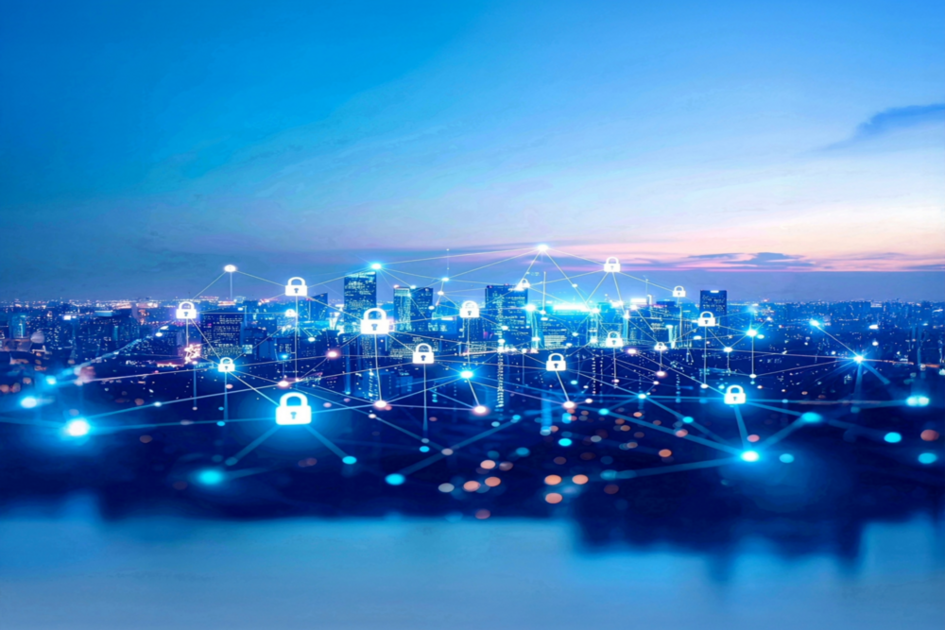 Eine Stadt, die durch Daten miteinander verbunden ist, dargestellt durch Datenpunkte und Vorhängeschlösser an Hochhäusern.