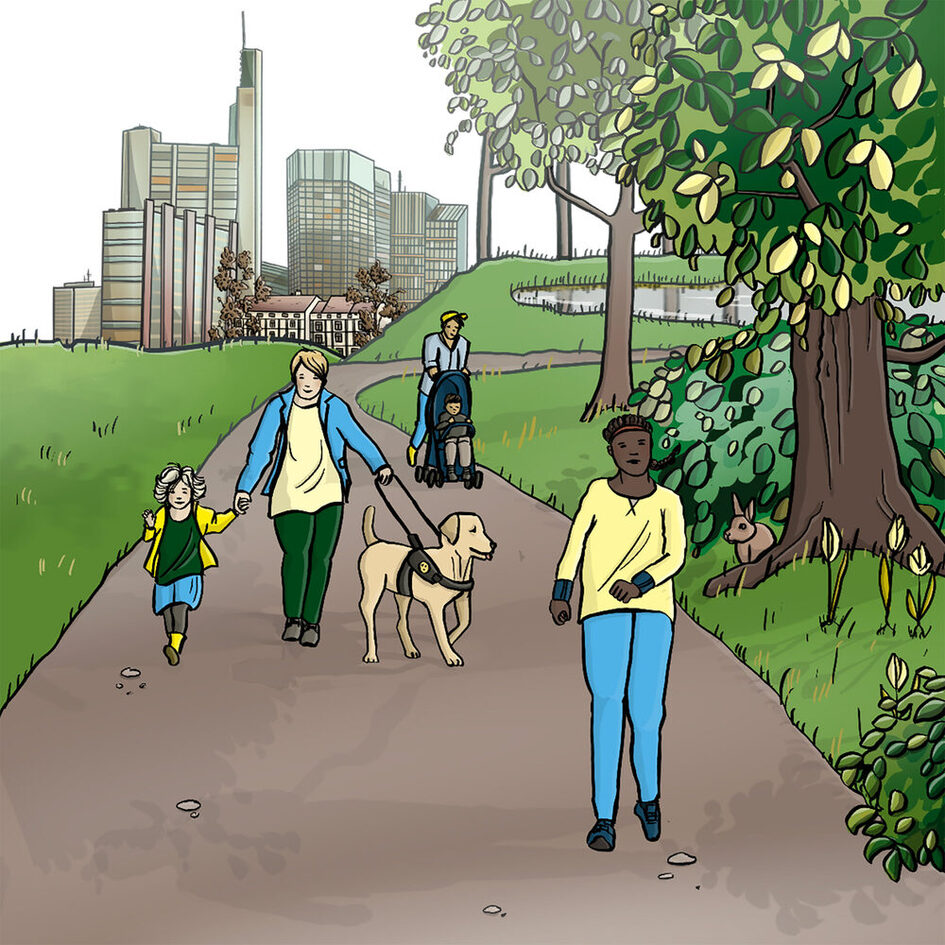 Menschen und Tiere in einem Park vor Hochäusern.