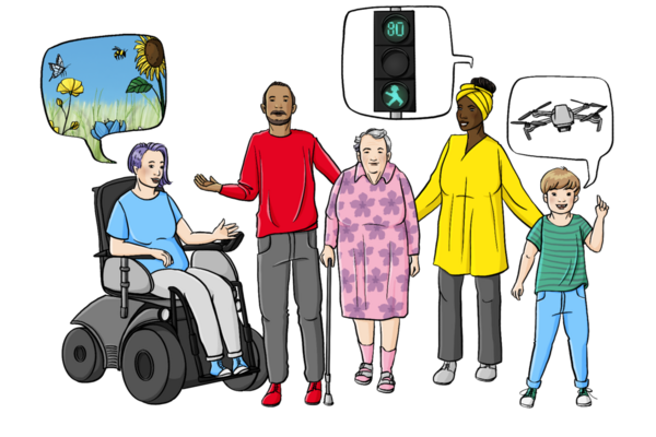 Viele Personen mit Migrationshintergrund und auch Handycap.