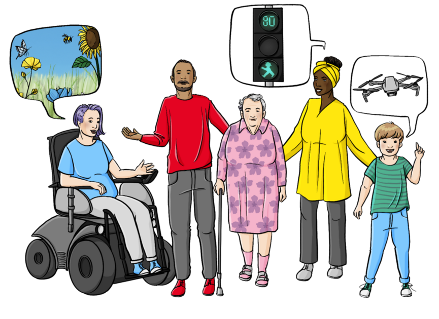 Viele Personen mit Migrationshintergrund und auch Handycap.