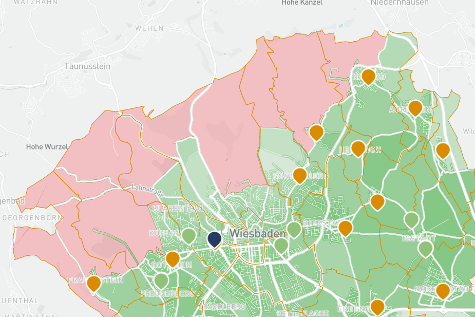 Eine Ansicht aus der Webanwendung Ubilabs, die einen Teil des Stadtgebiets von Wiesbaden als Karte zeigt.