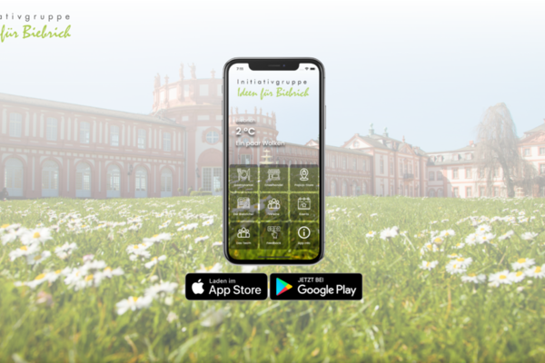 Smartphone with start page of the district app "Biebrich bewegt" in front of Biebrich Castle as background.