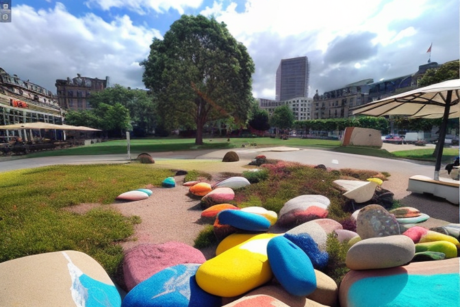 KI-generiertes Bild vom Kranzplatz mit großen bunten Klettersteinen auf einer Wiese.