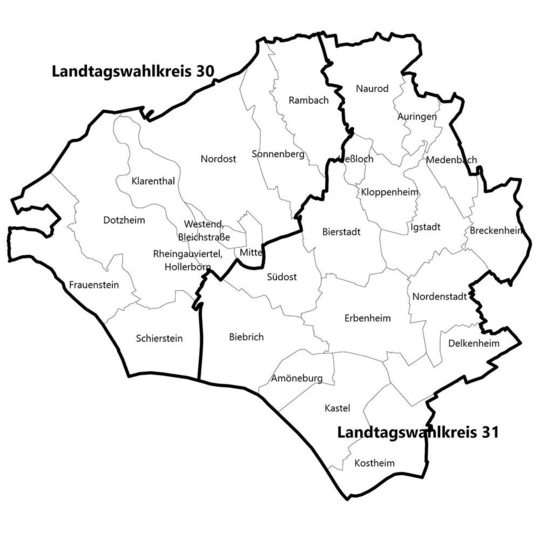 Karte Wahlkreise in Wiesbaden mit allen Stadtteilen