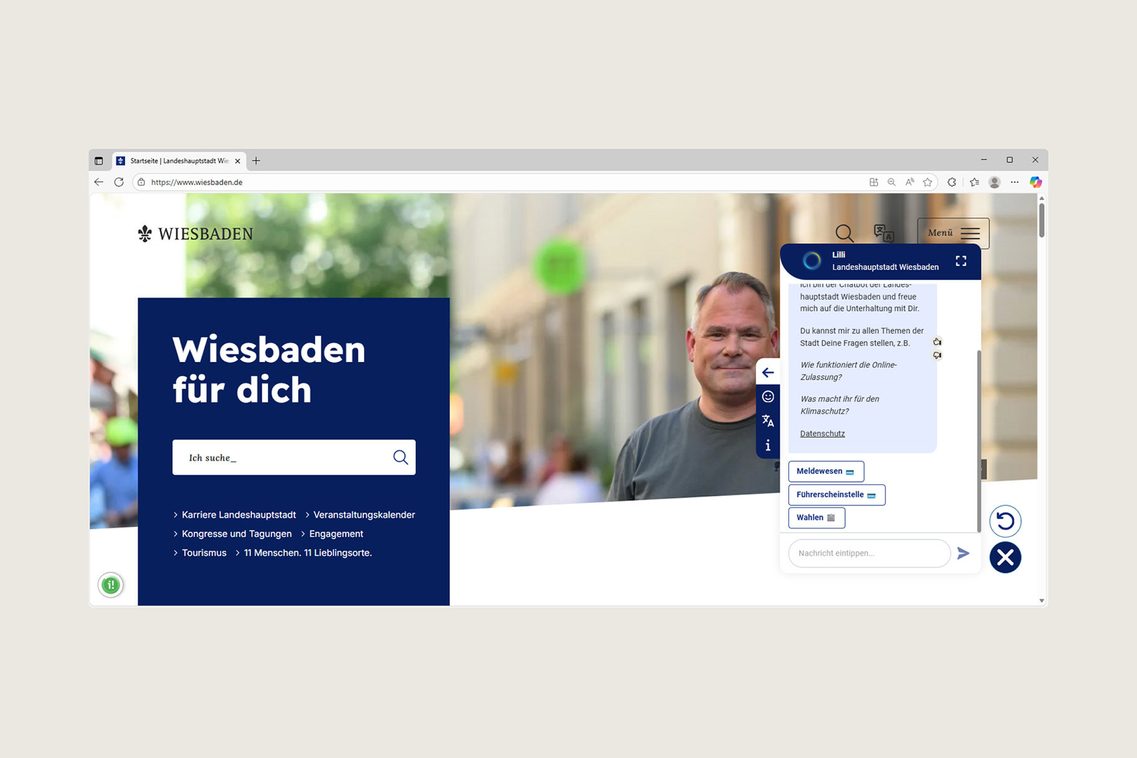 لقطة شاشة لموقع wiesbaden.de مع روبوت الدردشة الآلي ليلي