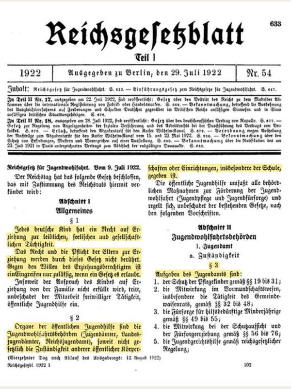 Excerpt from the Reich Law Gazette of 1922 on the establishment of youth welfare offices