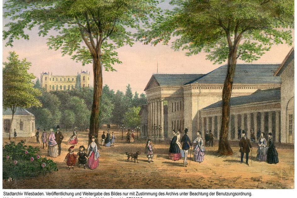 Kolumnada z fontanną przed starym Kurhausem, około 1860 r.