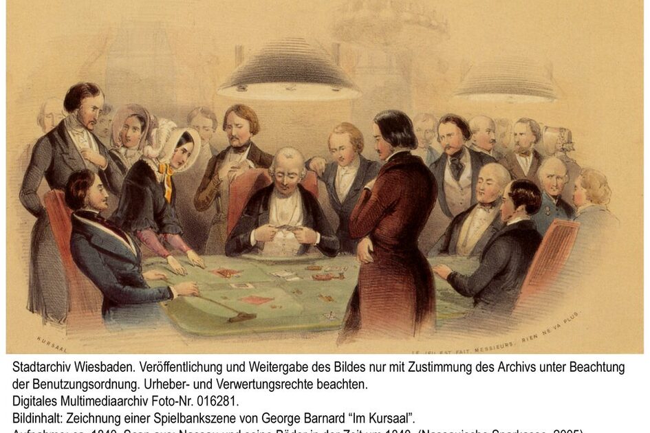 Zeichnung einer Spielbankszene im Kurhaus von George Barnard, ca. 1840