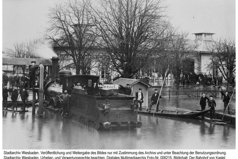 Bahnhof Kastel bei Hochwasser, 1882