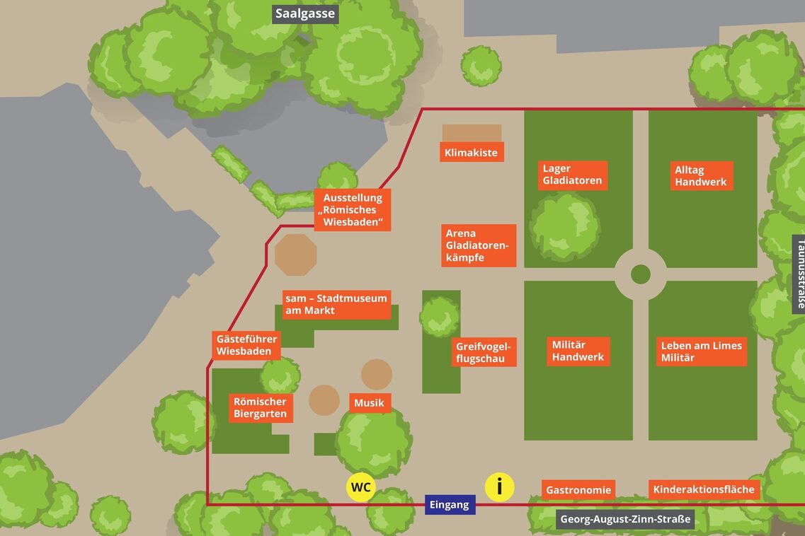 Lageplan Römerfest auf dem Kochbrunnen- & Kranzplatz