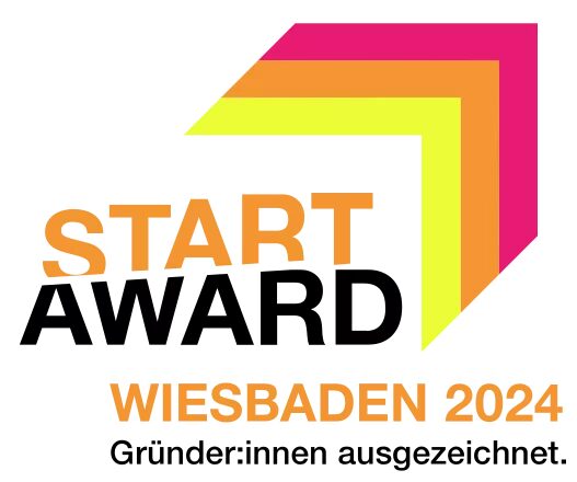 Logo "StartAward" Wiesbaden 2024, Gründer:innen ausgezeichnet in gelb, orange und pink