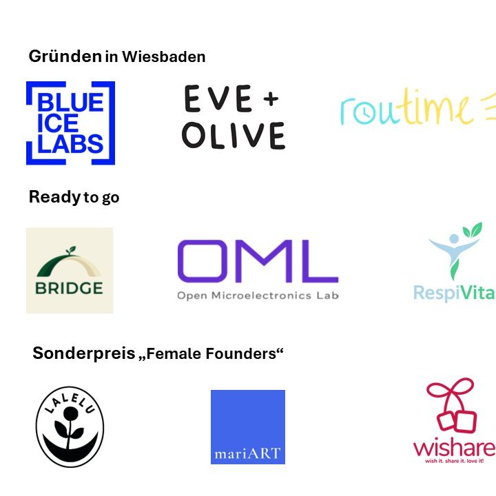 Logos von Finalis:innen: Blue Ice Labs, Eve+Olive, Routime, Bridge, OML, RespiVita, Lalelu, mariART, wishare