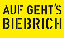Schriftzuug Auf geht's Biebrich - Gelber Hintergrund mit schwarzer Schrift