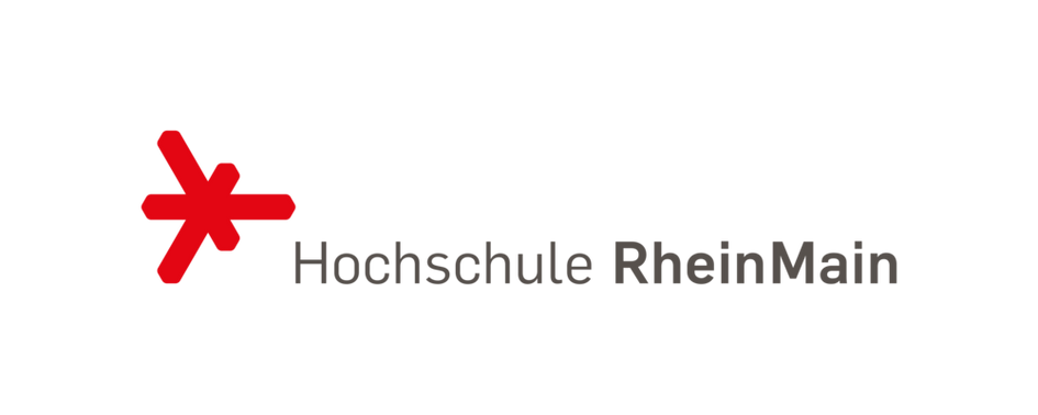 Логото на Университета за приложни науки RheinMain със сиви букви и червен символ във формата на звезда