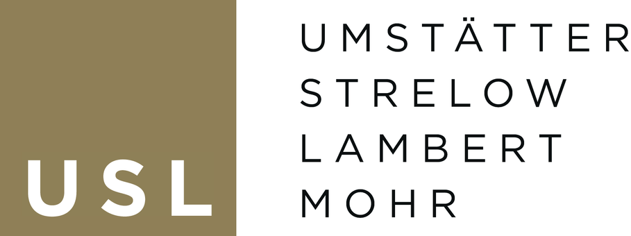Лого на компанията USL GmbH, Umstätter Strelow Lambert Mohr, с бежов цветен акцент от лявата страна и бели и черни букви