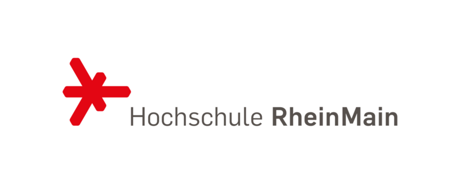 Logo der Hochschule RheinMain mit grauer Schrift und rotem sternförmigem Symbol