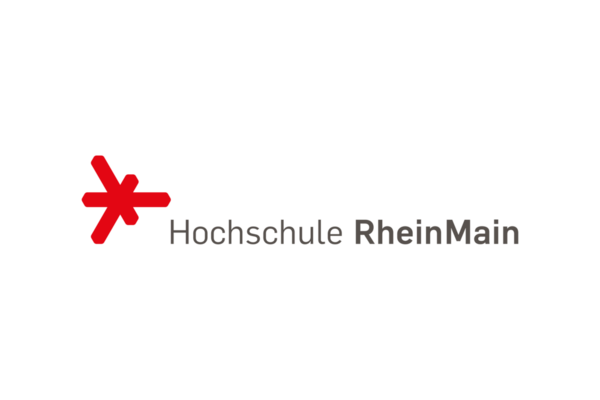 Logo der Hochschule RheinMain mit grauer Schrift und rotem sternförmigem Symbol