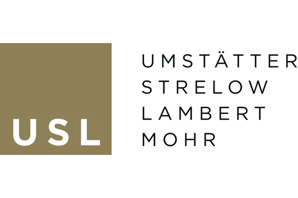 Logo der Firma USL GmbH, Umstätter Strelow Lambert Mohr, mir beigem Farbakzent auf der linken Seite und weißer und schwarzer Schrift